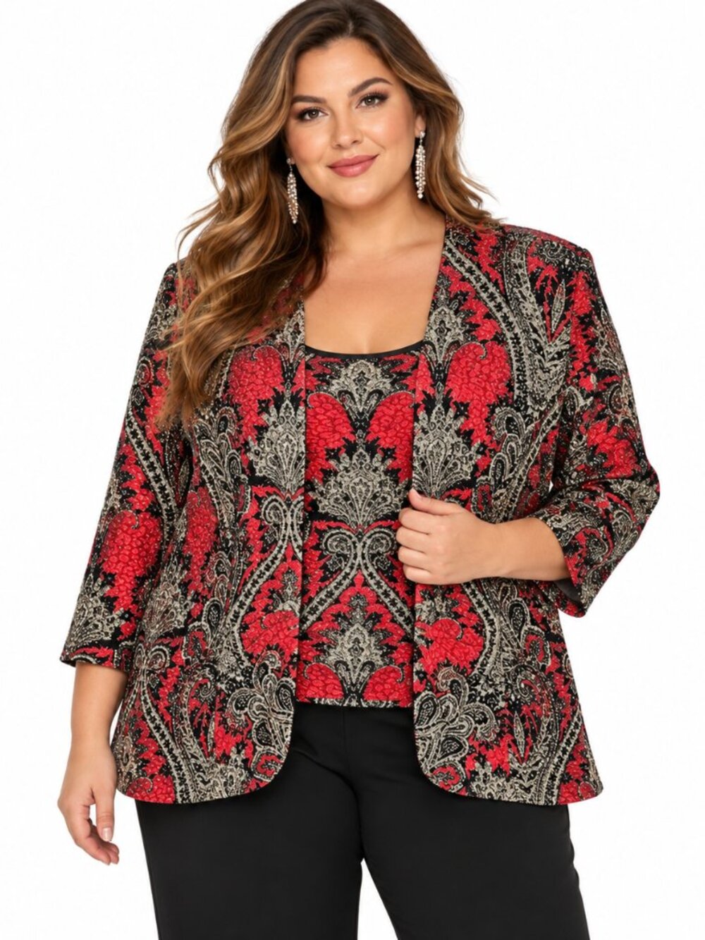 Alex Evenings 2 Piece Jacket Set 2X Red Black Paisley Gold Shimmer Cocktail